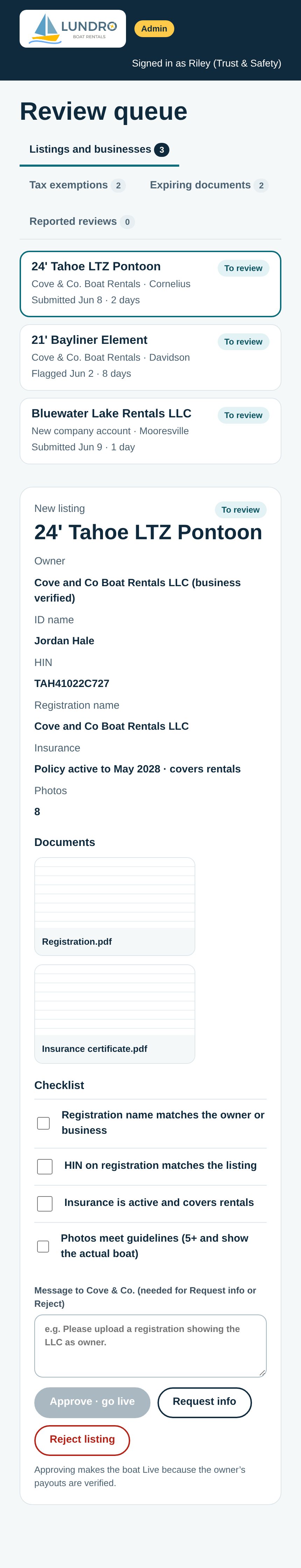 Lundro Admin review queue page, phone layout