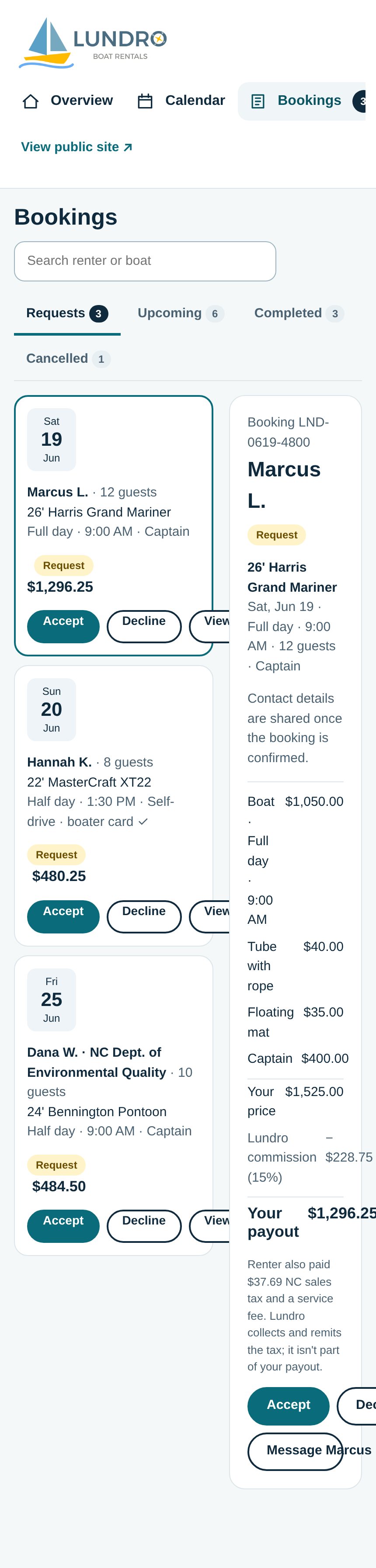 Lundro Owner bookings page, phone layout