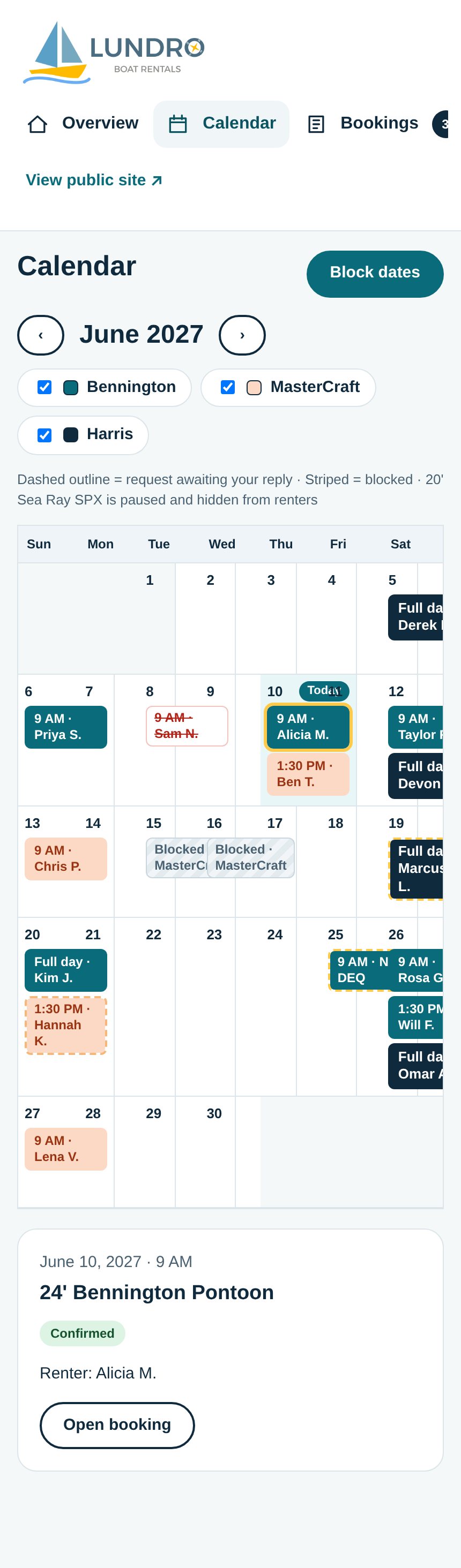 Lundro Owner calendar page, phone layout
