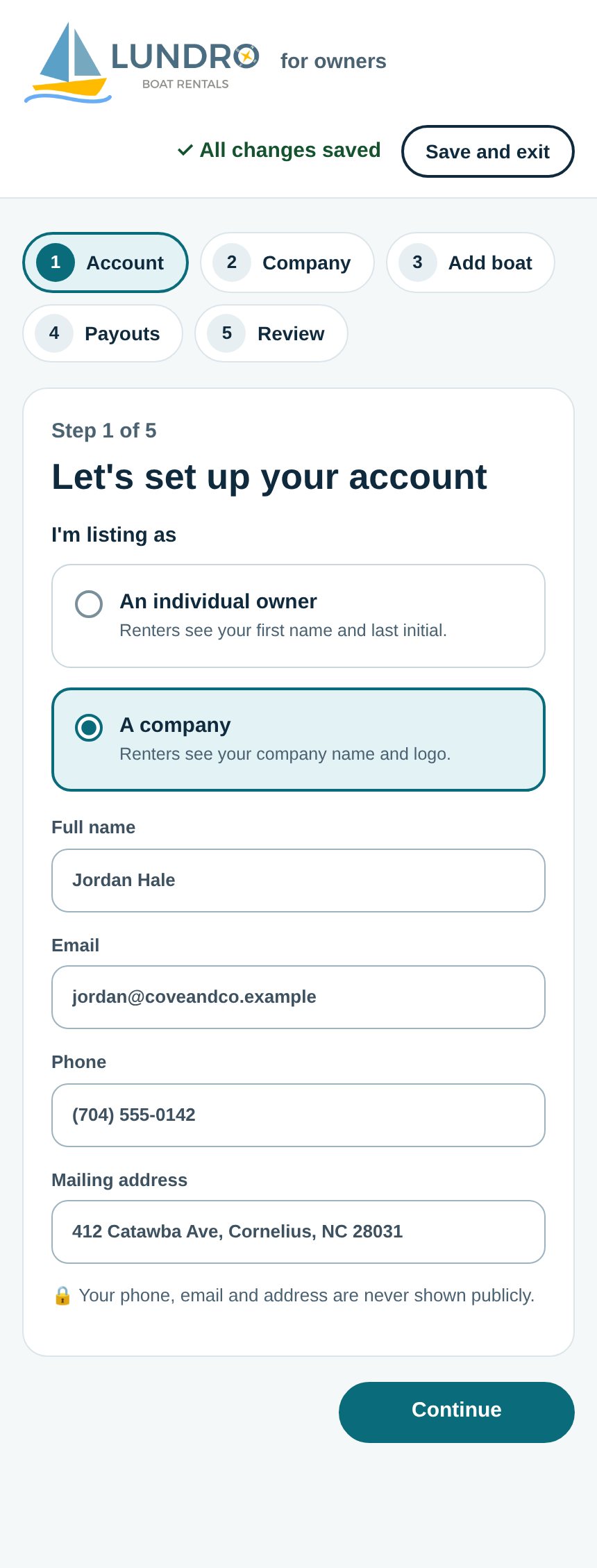 Lundro Owner sign-up page, phone layout